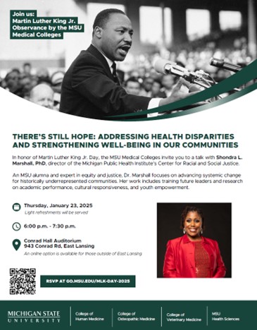 Information flyer about event hosted by MSU Medical Colleges in honor of Martin Luther King Jr. Day.