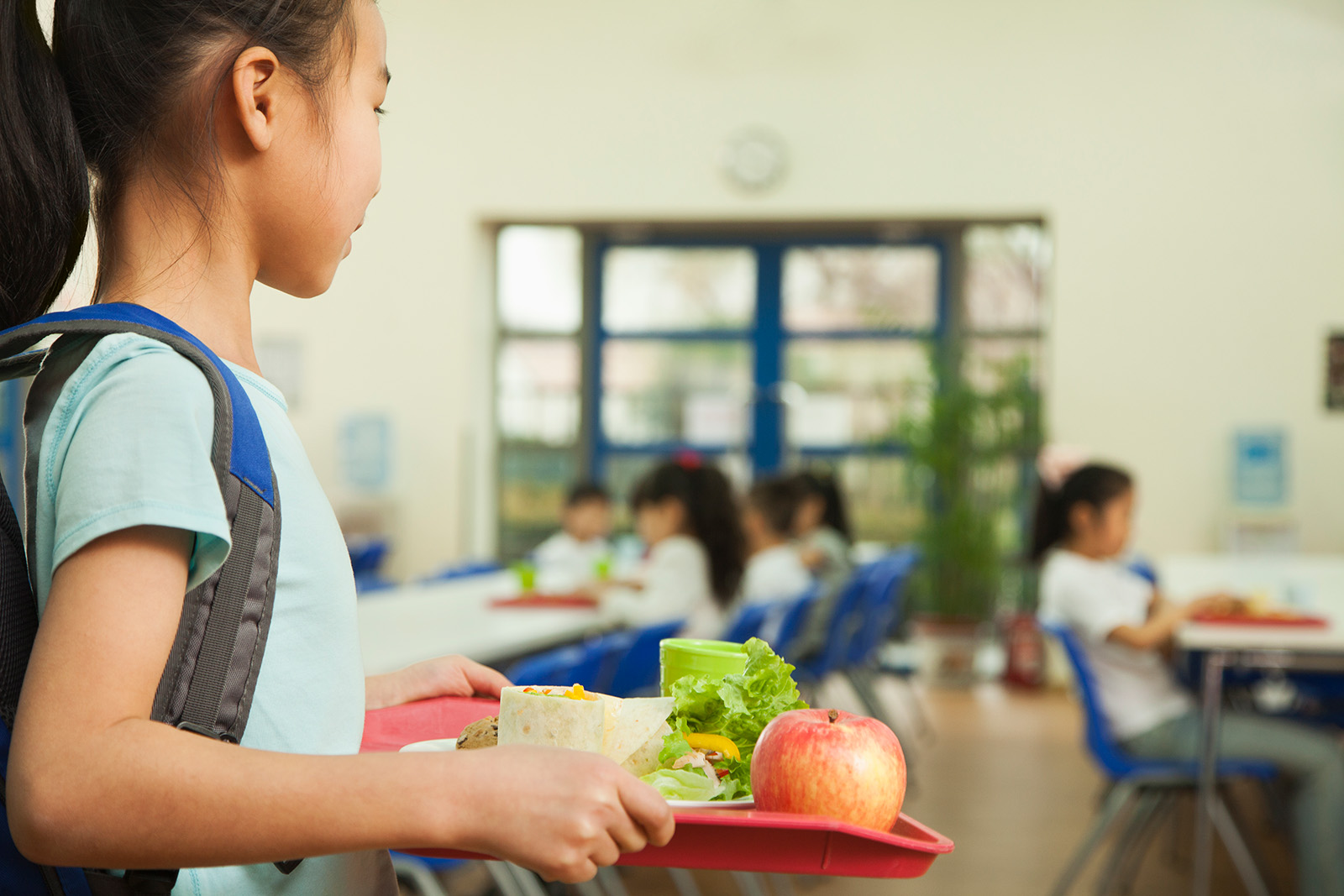 School child holding school lunch platter with food in school cafeteria